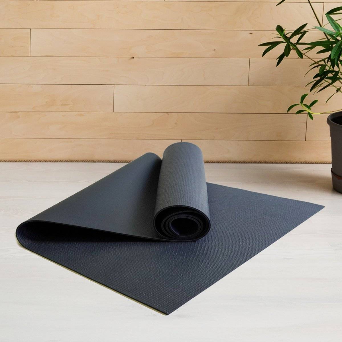 a yoga mat and a potted plant on the floor