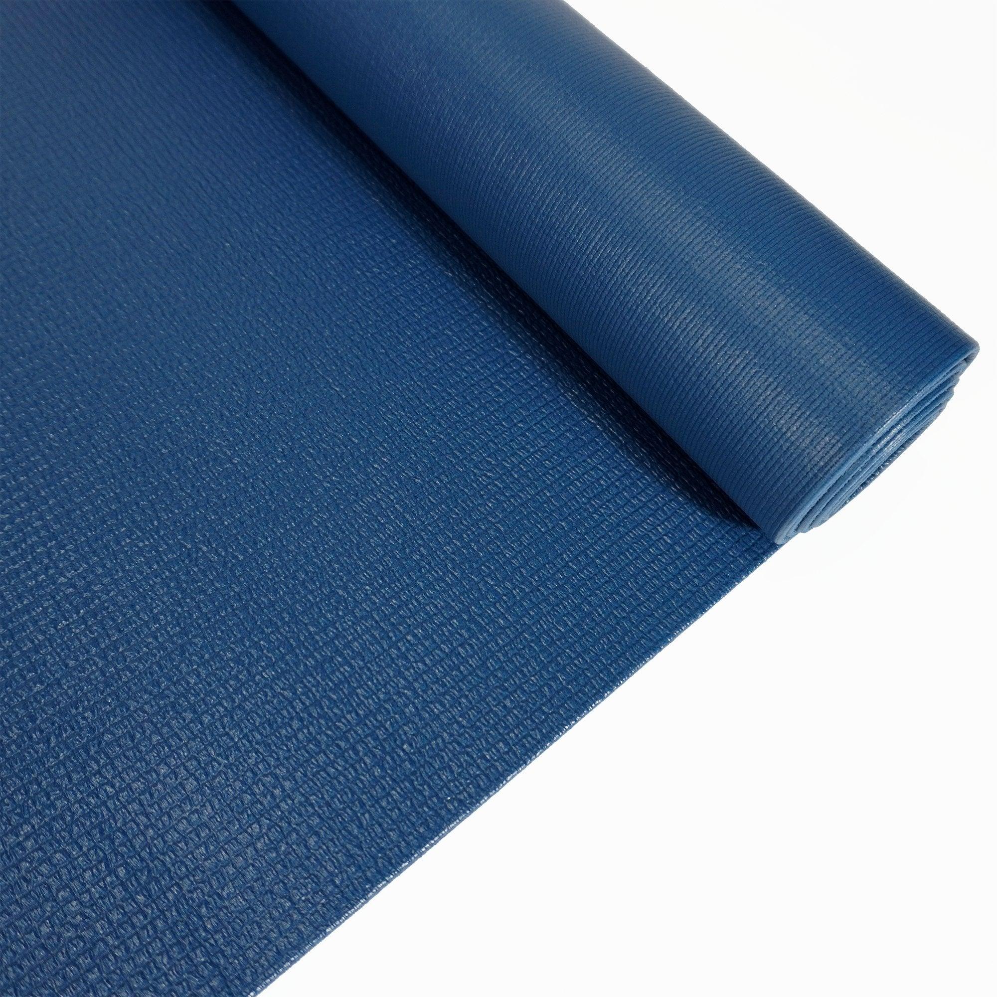 a blue yoga mat on a white background